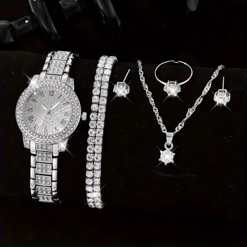 6PCS Elegant Women's Watch Set – Luxury Crystal-Studded Alloy Watch with Chic Bracelets, Perfect as a Gift for Her