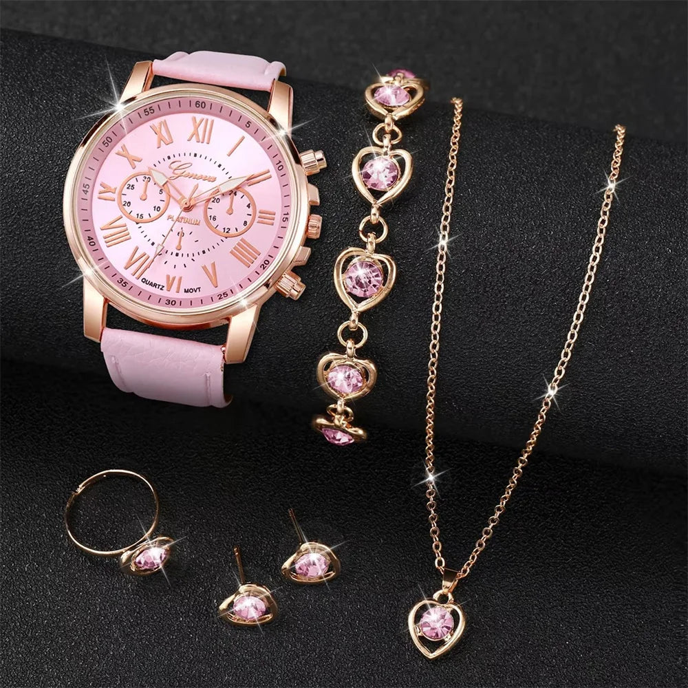 Elegant 6-Piece Set: Women’s Quartz Watch with Leather Band, Heart Design, and Rhinestone Accents –(Without Box)