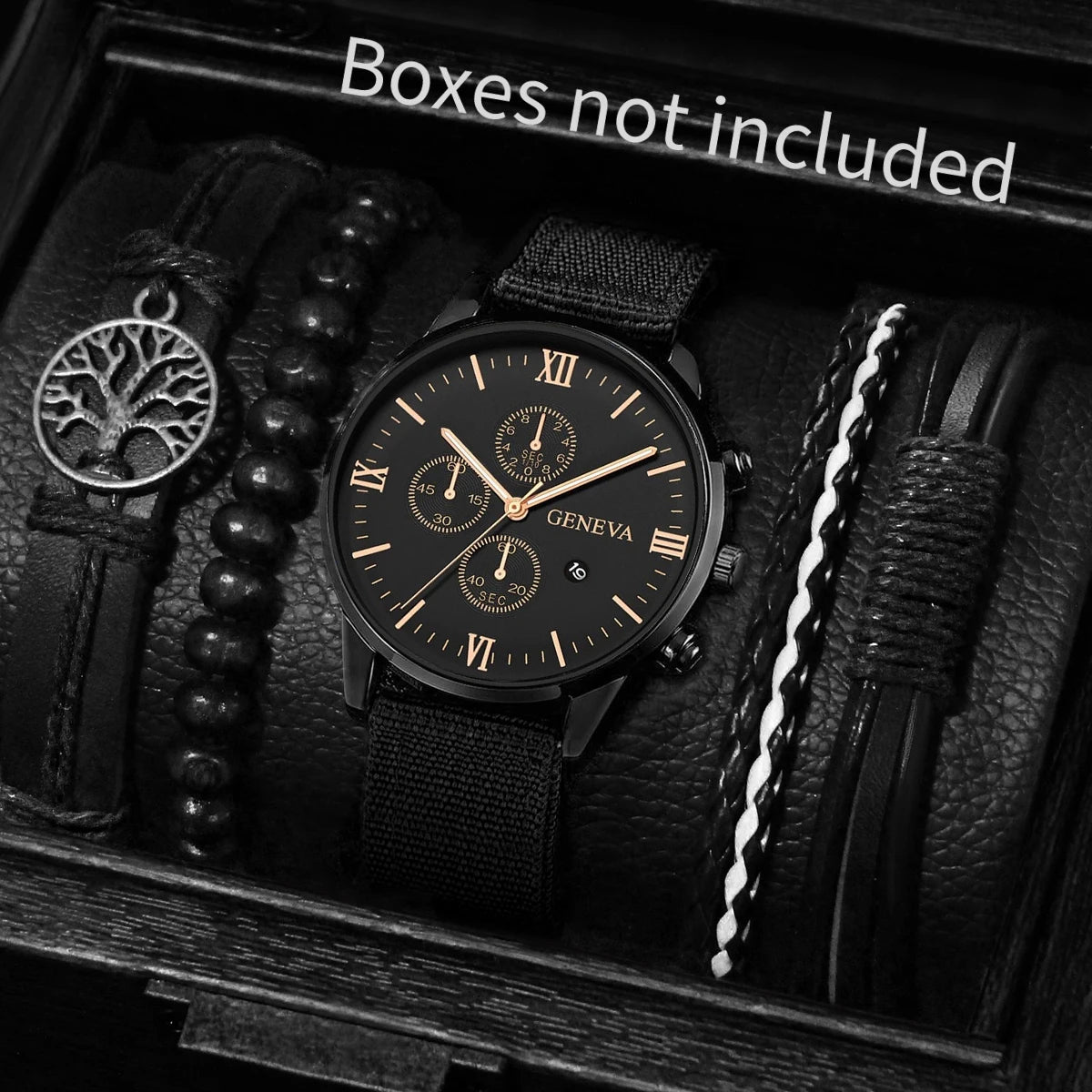 4/5PCS Stylish Men's Watch Set – Casual Nylon Strap Quartz Watches with Fashion Bracelets (No Box Included)