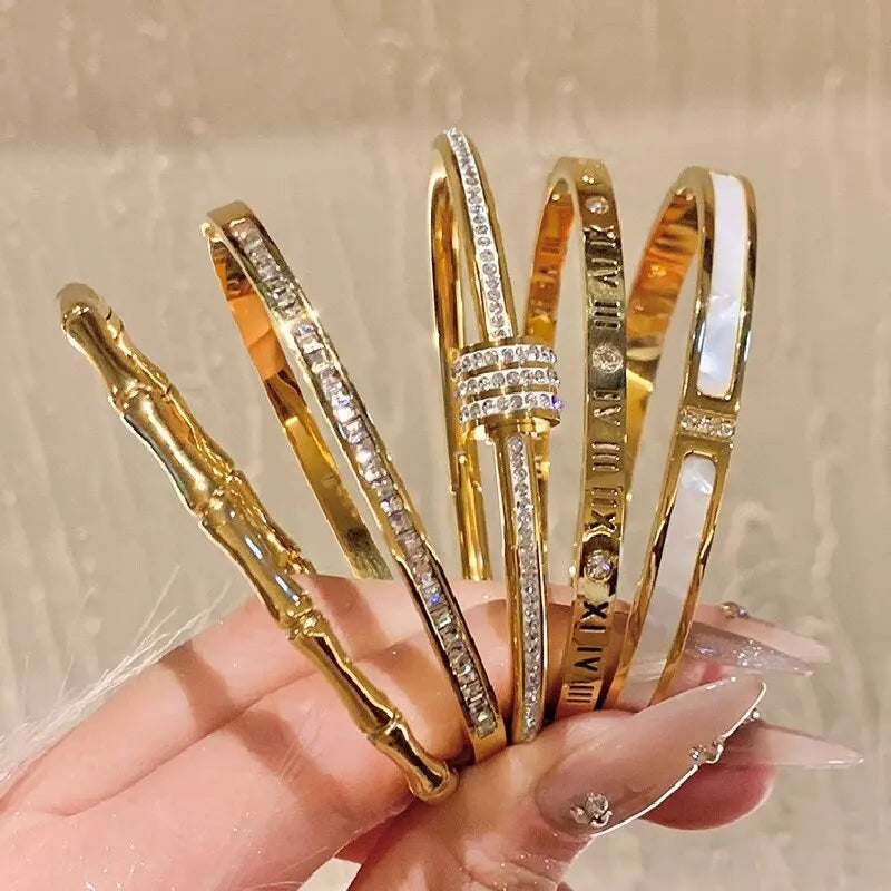 Gold-Plated Titanium Steel Bracelet with Zircon Inlay – A Timeless Classic for Women's Daily Chic