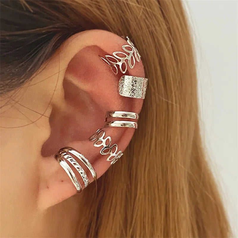 Ear Cuff Set: Elegant Gold and Silver Leaf Clip Earrings with Butterfly Design – Trendy Non-Piercing Jewelry for Modern Women