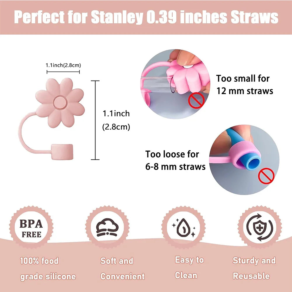 Set de accesorios de lujo 9 en 1 para Stanley Cup: tapón antiderrames, cubrepajitas, funda antideslizante, cepillo de limpieza y elegante dije de flor Chainley Cup.