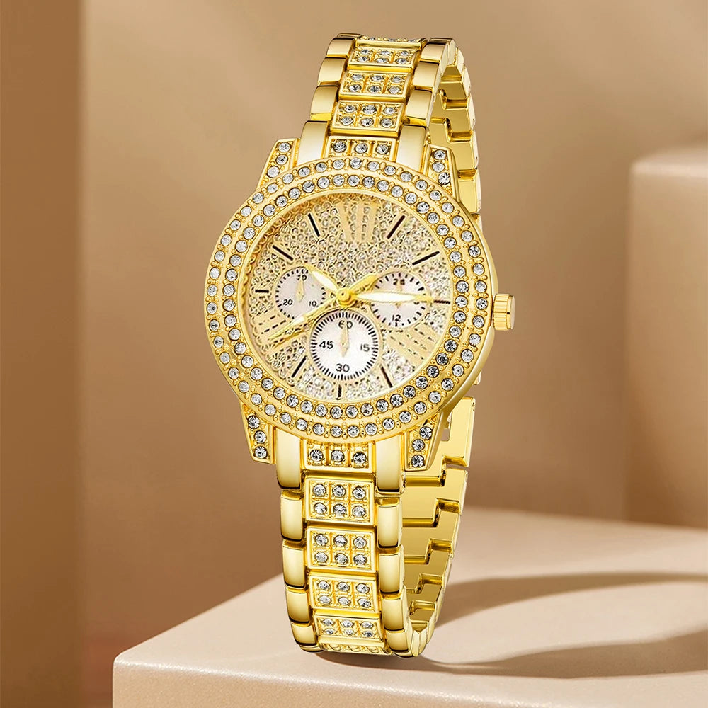 Elegant Gold Quartz Women’s Watch with a Jewelry Set featuring a Ring, Necklace, and Rhinestone Earrings – A perfect blend of charm and sophistication.
