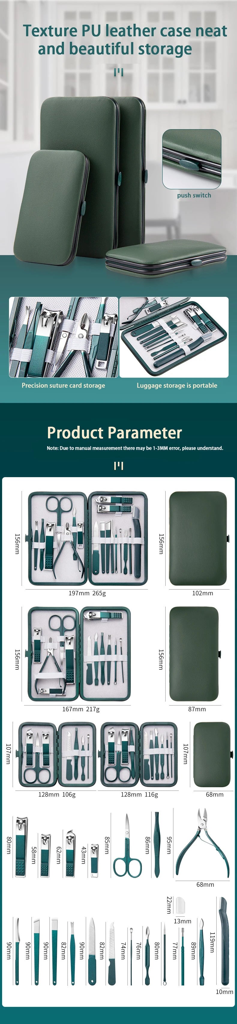 Luxury Stainless Steel Nail Care Kit – 7/10/12/18 Pieces with Chic Travel Case for On-the-Go Grooming