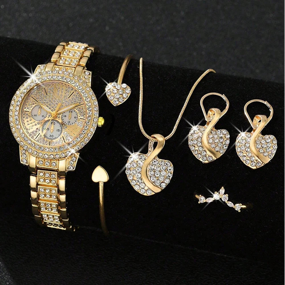 Elegant Gold Quartz Women’s Watch with a Jewelry Set featuring a Ring, Necklace, and Rhinestone Earrings – A perfect blend of charm and sophistication.