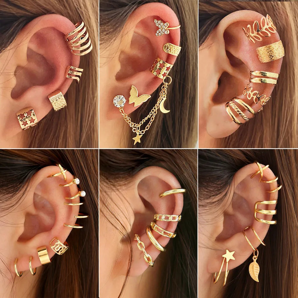 Ear Cuff Set: Elegant Gold and Silver Leaf Clip Earrings with Butterfly Design – Trendy Non-Piercing Jewelry for Modern Women