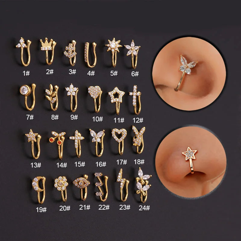 Non-Piercing Nose Ring and Ear Cuffs Featuring Edgy Heart, Star, Flower, and Butterfly Designs – Trendy Body Jewelry for Women" KAE197