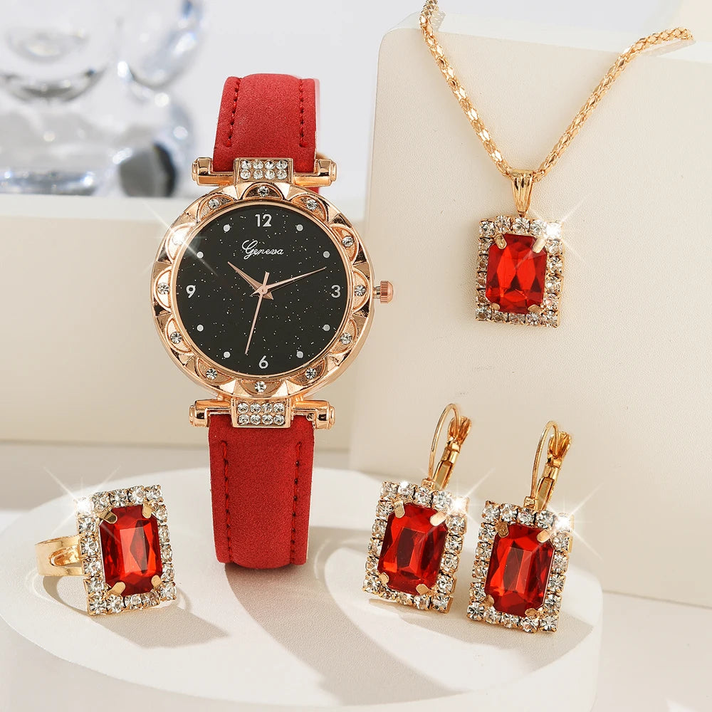 Luxury 5Pcs Gift Set – Elegant Women's Watches with Crystal Bracelets for a Unique Look