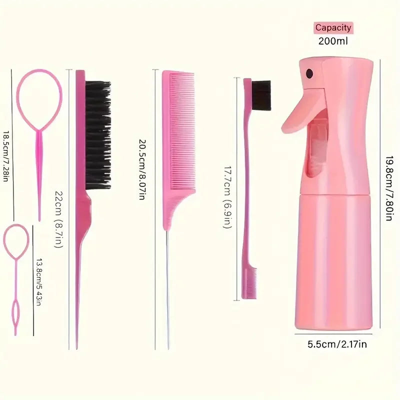 6PCS Professional Hair Styling Set – Brushes, Rat Tail Comb, Spray Bottle & Braiding Tools for Perfect Hair Control & Shine