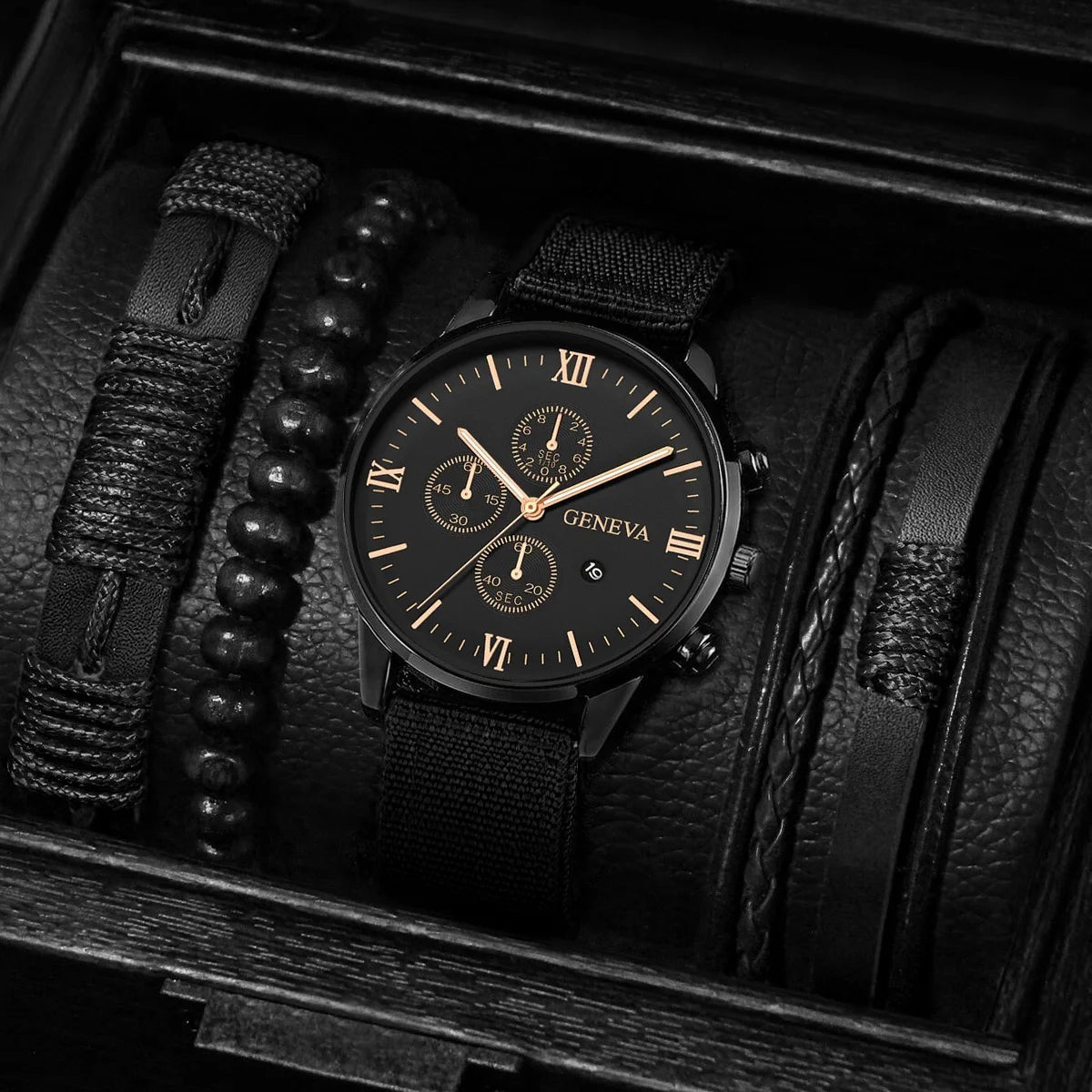 4/5PCS Stylish Men's Watch Set – Casual Nylon Strap Quartz Watches with Fashion Bracelets (No Box Included)