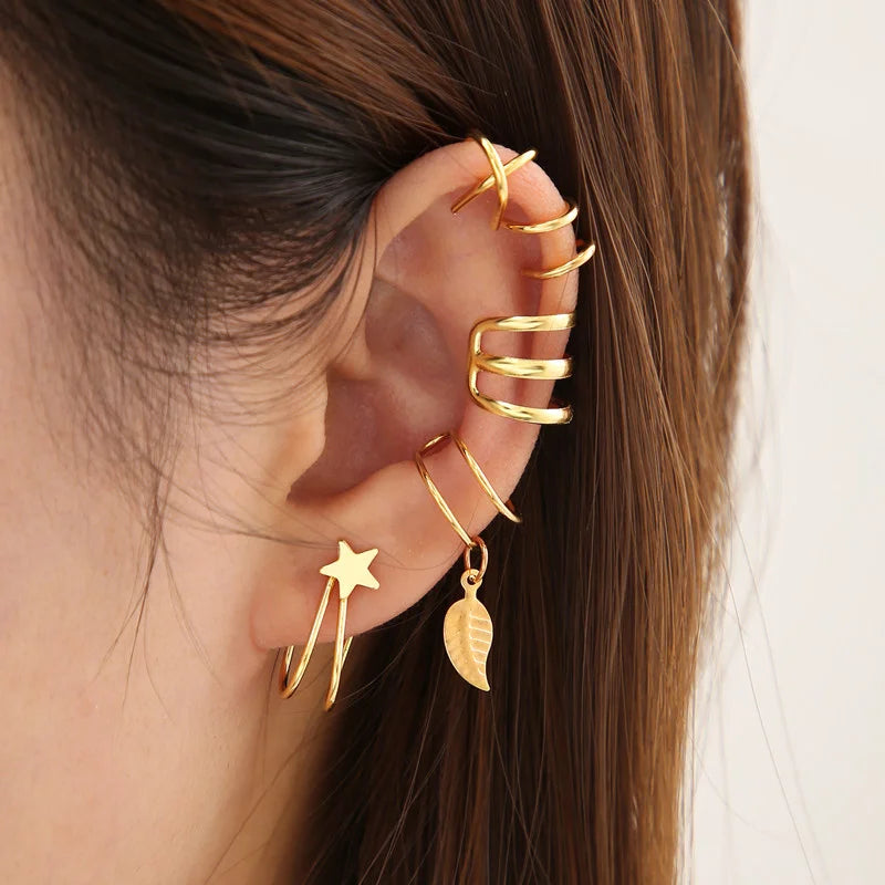 Ear Cuff Set: Elegant Gold and Silver Leaf Clip Earrings with Butterfly Design – Trendy Non-Piercing Jewelry for Modern Women