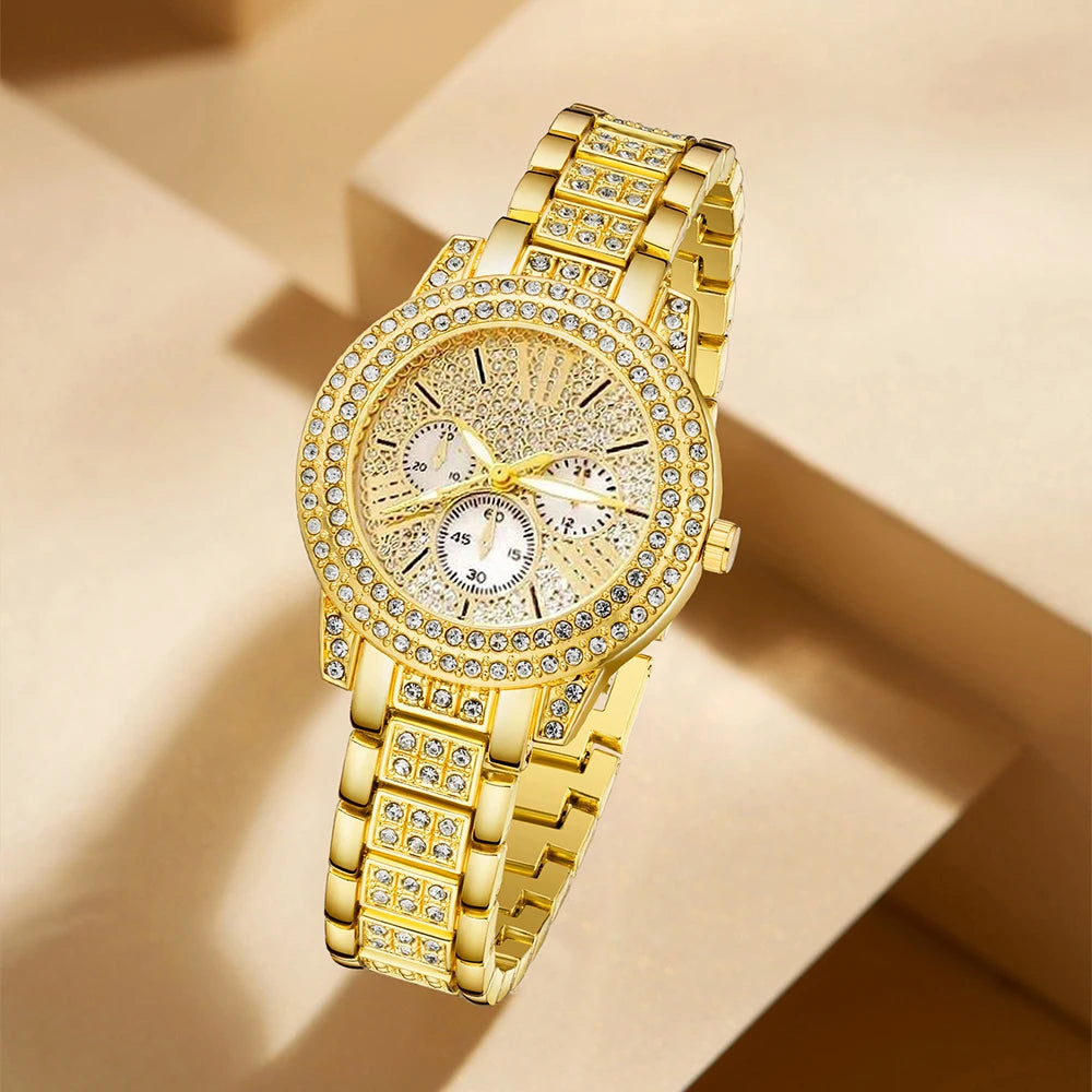 Elegant Gold Quartz Women’s Watch with a Jewelry Set featuring a Ring, Necklace, and Rhinestone Earrings – A perfect blend of charm and sophistication.