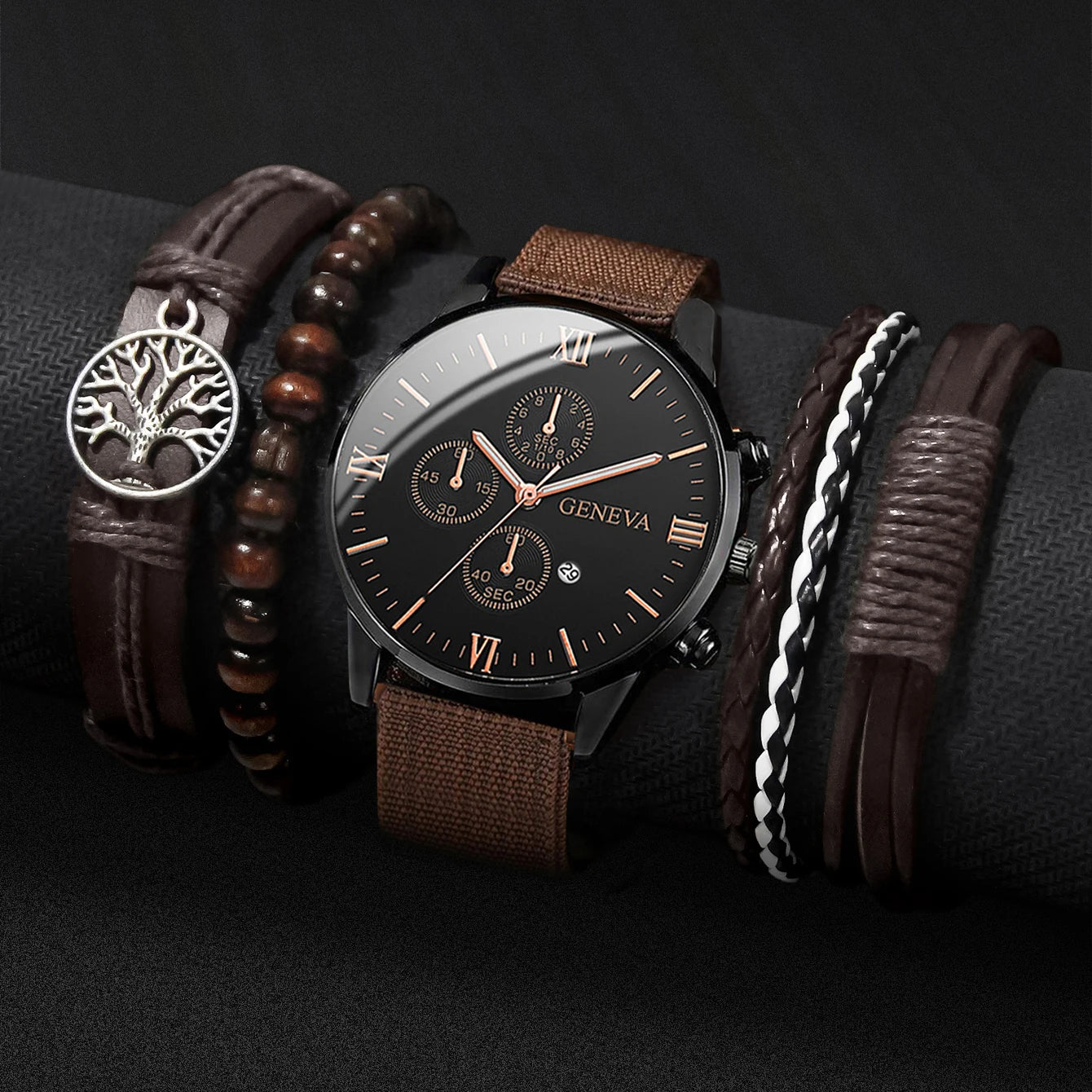 4/5PCS Stylish Men's Watch Set – Casual Nylon Strap Quartz Watches with Fashion Bracelets (No Box Included)