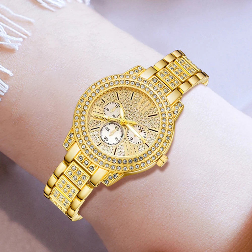 Elegant Gold Quartz Women’s Watch with a Jewelry Set featuring a Ring, Necklace, and Rhinestone Earrings – A perfect blend of charm and sophistication.