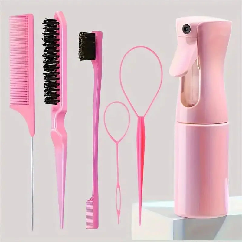 6PCS Professional Hair Styling Set – Brushes, Rat Tail Comb, Spray Bottle & Braiding Tools for Perfect Hair Control & Shine