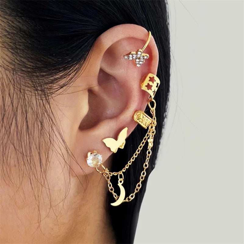 Ear Cuff Set: Elegant Gold and Silver Leaf Clip Earrings with Butterfly Design – Trendy Non-Piercing Jewelry for Modern Women