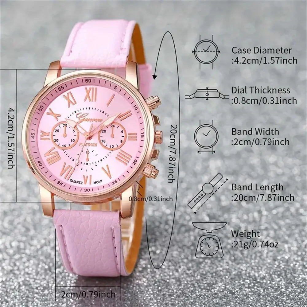 Elegant 6-Piece Set: Women’s Quartz Watch with Leather Band, Heart Design, and Rhinestone Accents –(Without Box)