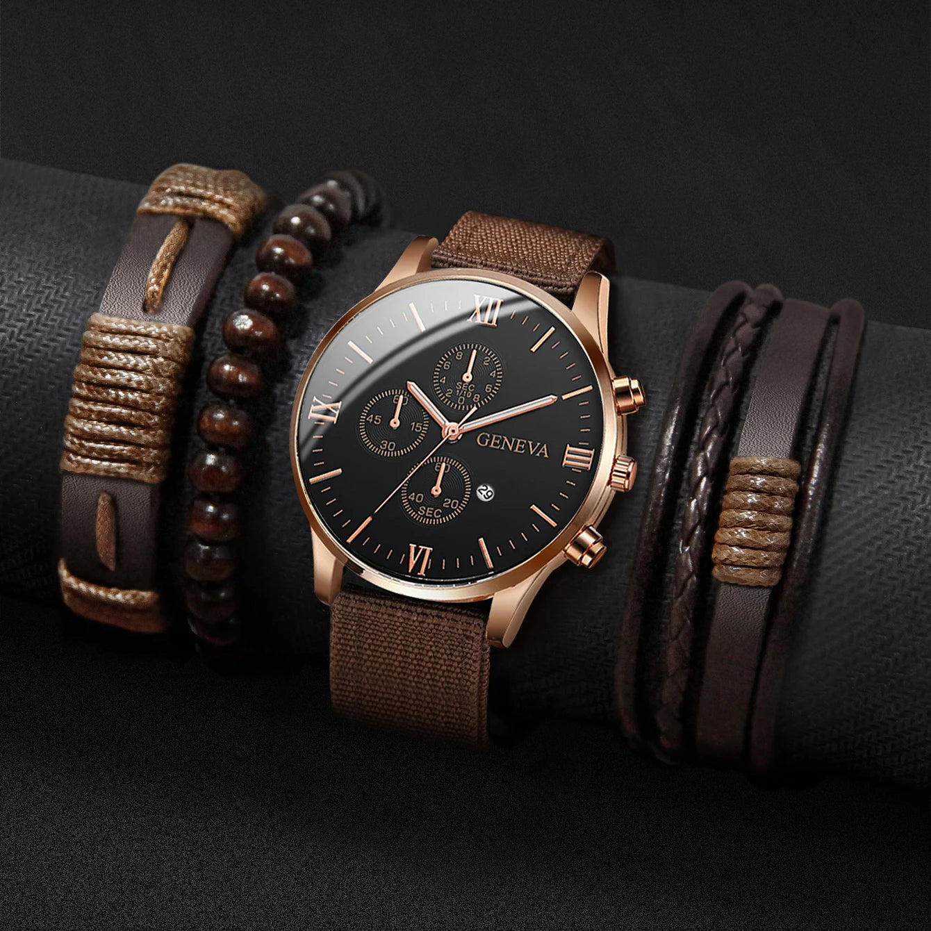 4/5PCS Stylish Men's Watch Set – Casual Nylon Strap Quartz Watches with Fashion Bracelets (No Box Included)