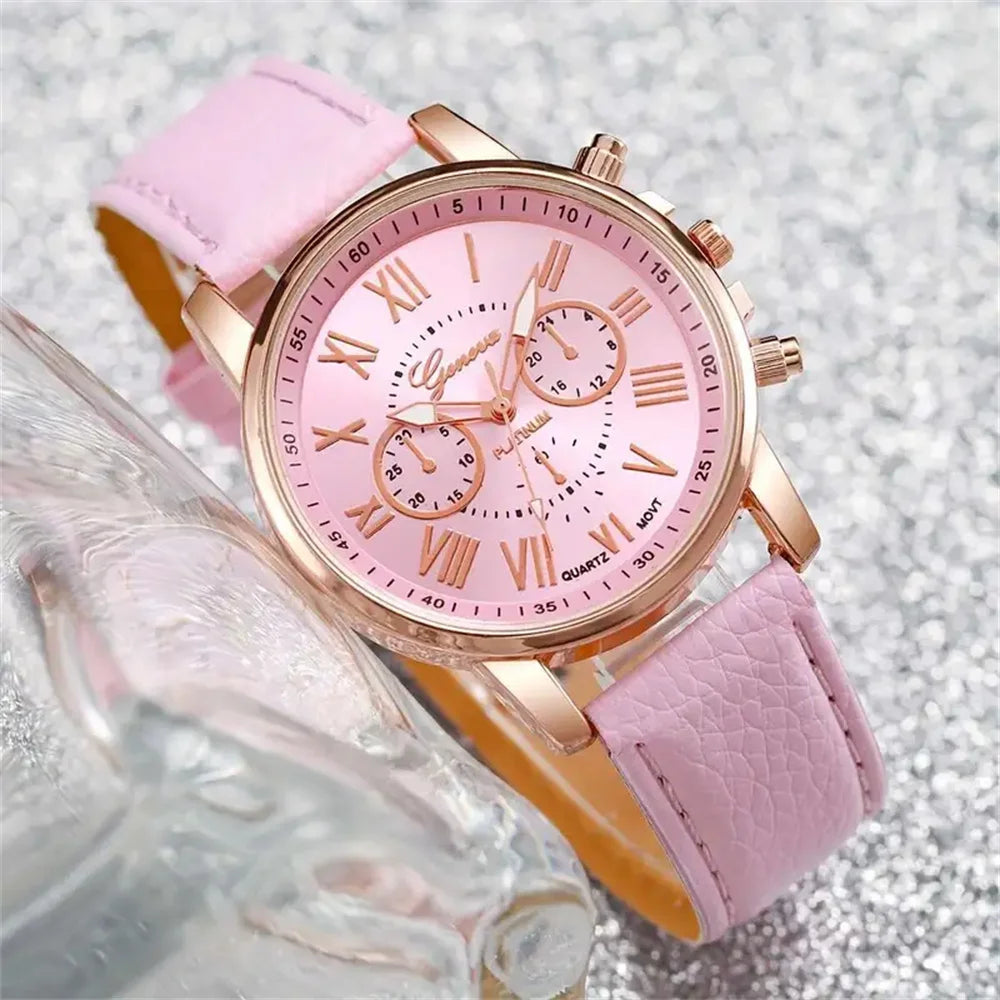 Elegant 6-Piece Set: Women’s Quartz Watch with Leather Band, Heart Design, and Rhinestone Accents –(Without Box)