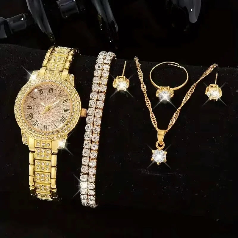6PCS Elegant Women's Watch Set – Luxury Crystal-Studded Alloy Watch with Chic Bracelets, Perfect as a Gift for Her