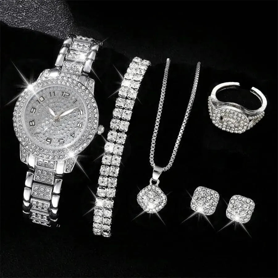 6PCS Elegant Women's Watch Set – Luxury Crystal-Studded Alloy Watch with Chic Bracelets, Perfect as a Gift for Her