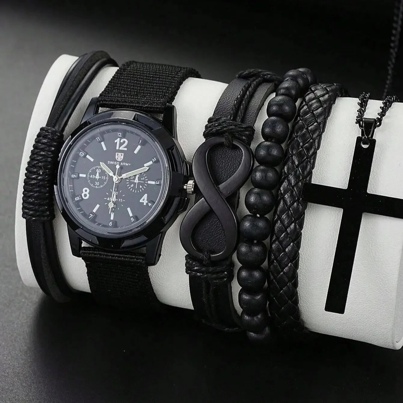 Timeless Elegance: Men's 6-Piece Accessory Set with Mechanical Watch and Cross Necklace