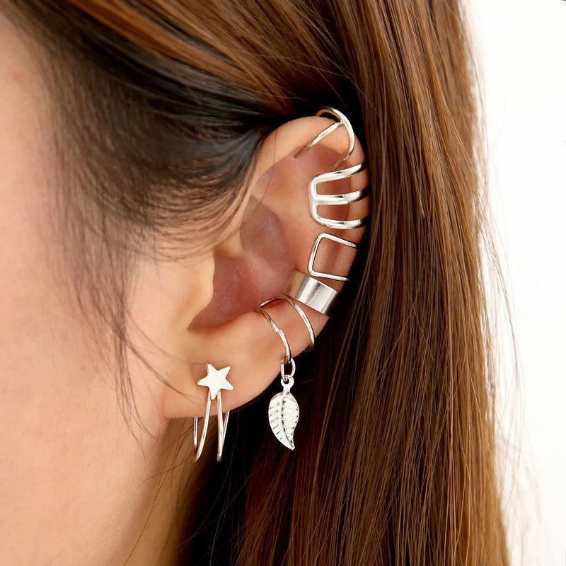 Ear Cuff Set: Elegant Gold and Silver Leaf Clip Earrings with Butterfly Design – Trendy Non-Piercing Jewelry for Modern Women