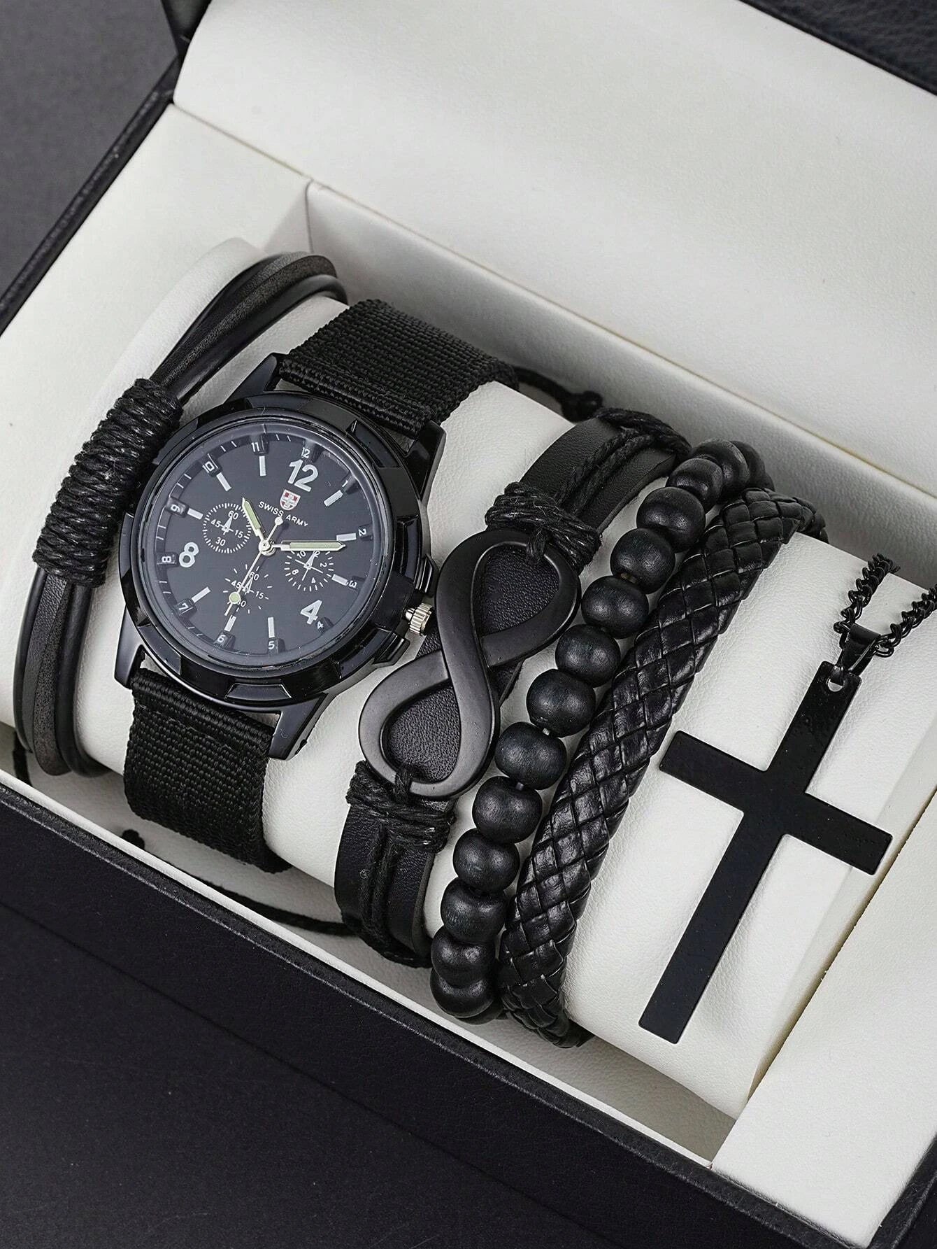 Timeless Elegance: Men's 6-Piece Accessory Set with Mechanical Watch and Cross Necklace