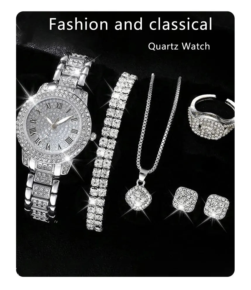 6PCS Elegant Women's Watch Set – Luxury Crystal-Studded Alloy Watch with Chic Bracelets, Perfect as a Gift for Her