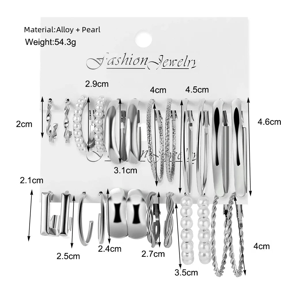 Y2K Vintage Silver Pearl Geometric Hoop Earring Set – Round, Circle, and Square Designs for a Sophisticated Look