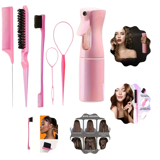 6PCS Professional Hair Styling Set – Brushes, Rat Tail Comb, Spray Bottle & Braiding Tools for Perfect Hair Control & Shine