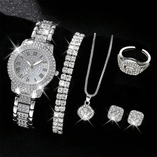 6PCS Elegant Women's Watch Set – Luxury Crystal-Studded Alloy Watch with Chic Bracelets, Perfect as a Gift for Her