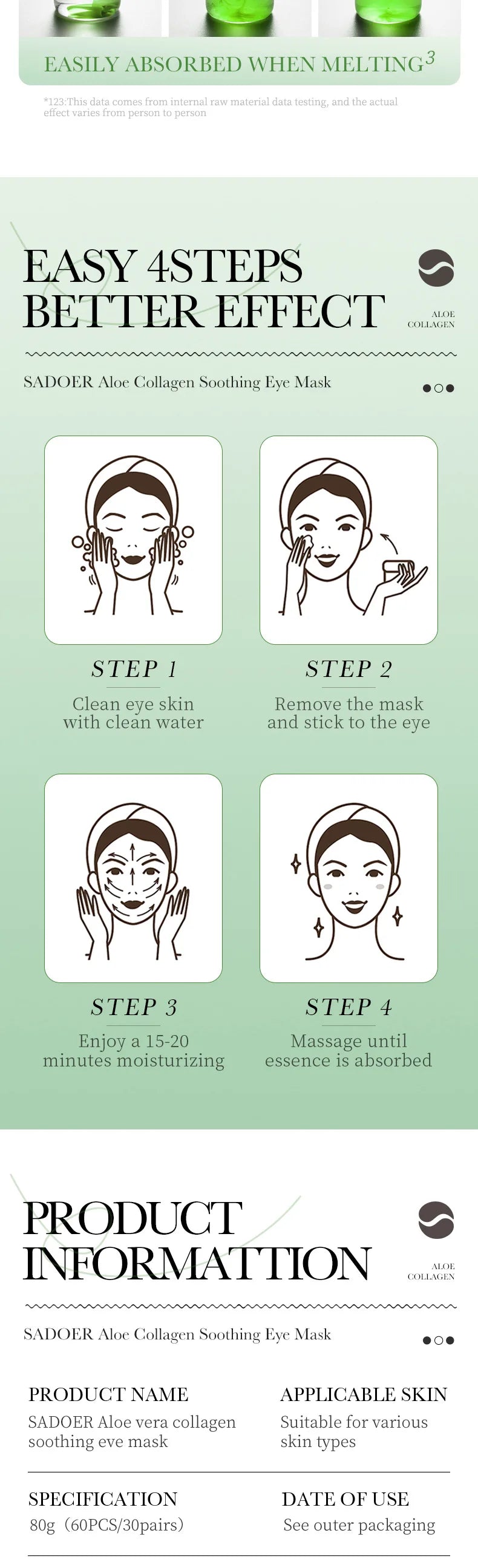 Mascarilla de colágeno y aloe vera para ojos: 60 parches para hidratación profunda, lifting y tratamiento de ojeras.