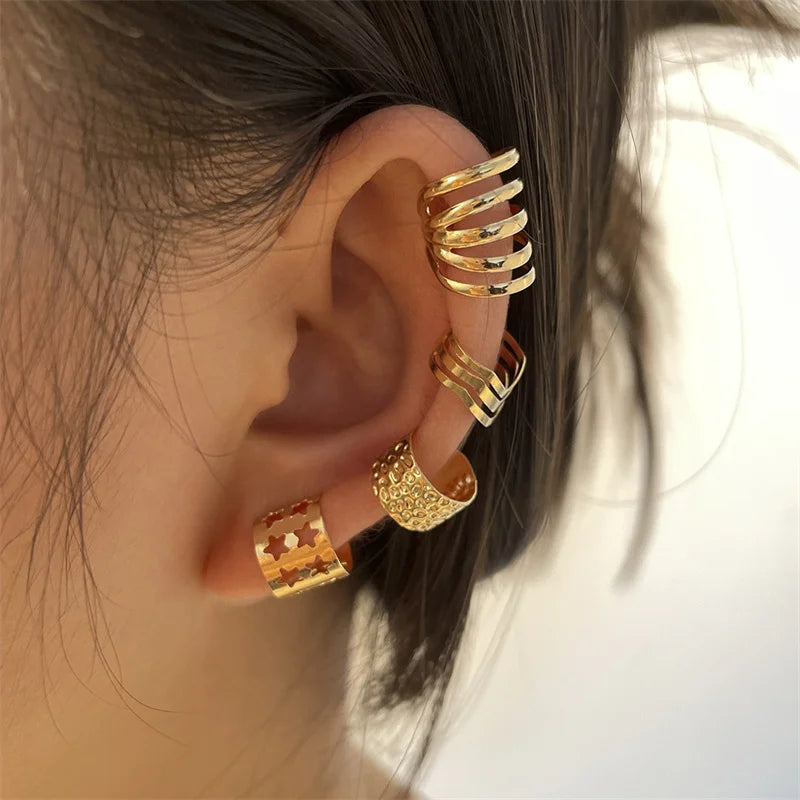 Ear Cuff Set: Elegant Gold and Silver Leaf Clip Earrings with Butterfly Design – Trendy Non-Piercing Jewelry for Modern Women