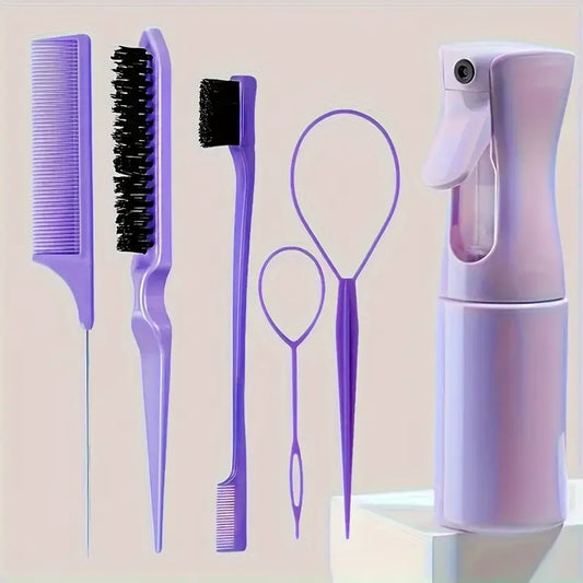 6PCS Professional Hair Styling Set – Brushes, Rat Tail Comb, Spray Bottle & Braiding Tools for Perfect Hair Control & Shine