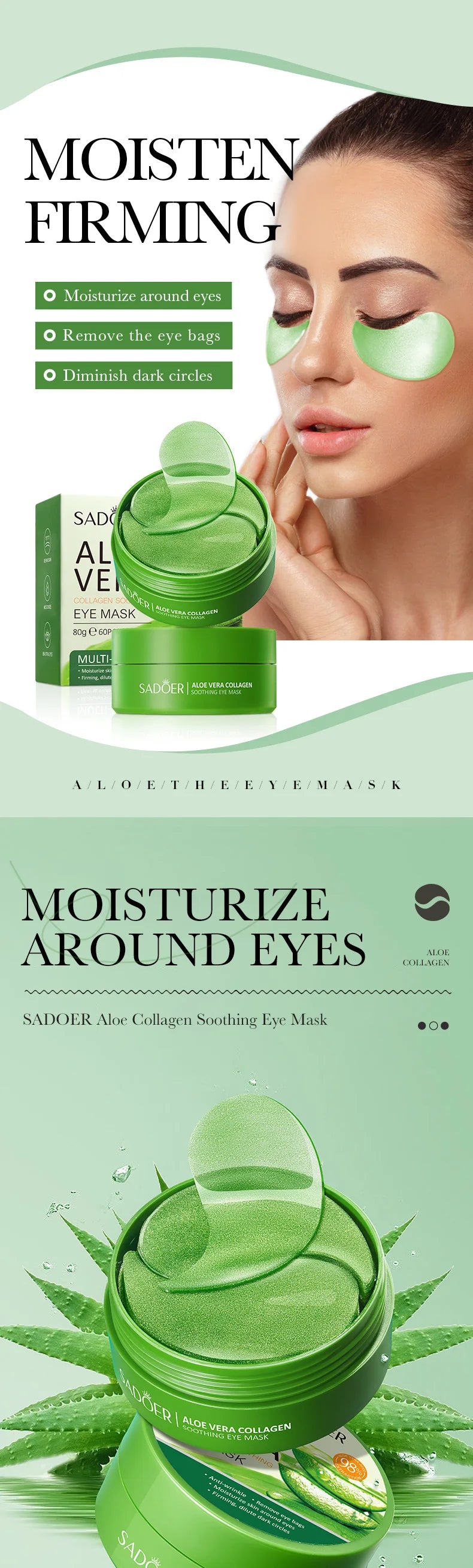 Mascarilla de colágeno y aloe vera para ojos: 60 parches para hidratación profunda, lifting y tratamiento de ojeras.
