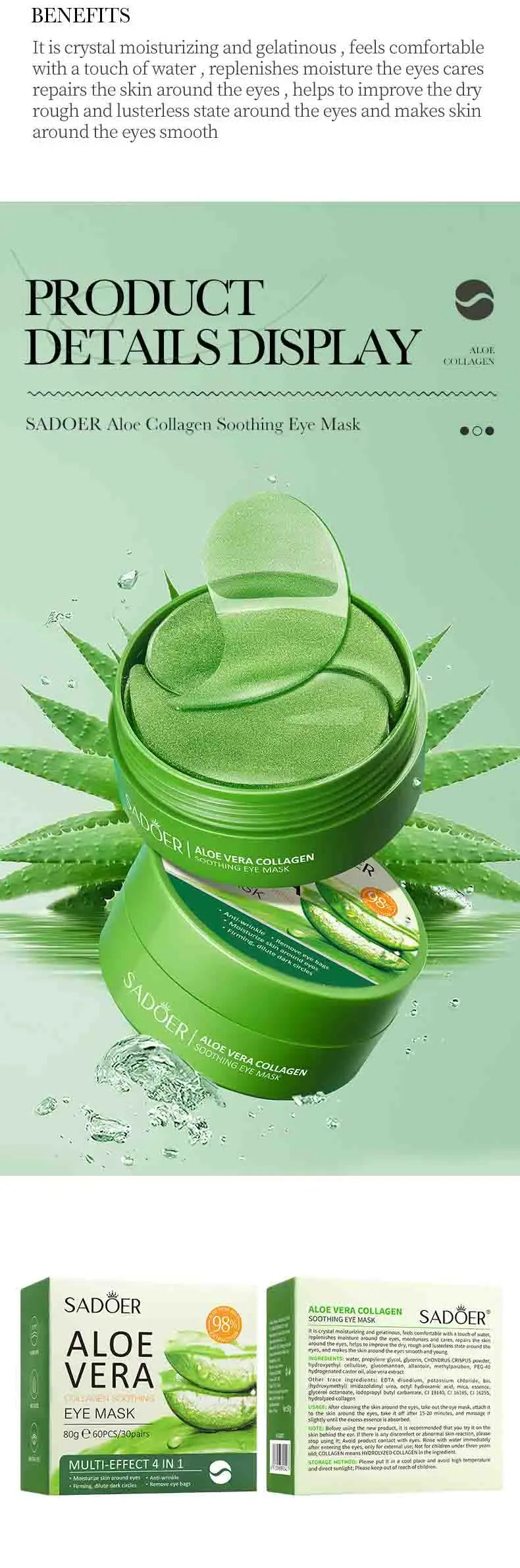 Mascarilla de colágeno y aloe vera para ojos: 60 parches para hidratación profunda, lifting y tratamiento de ojeras.
