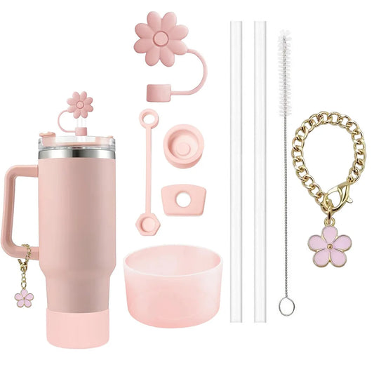 9-in-1 Deluxe Accessories Set for Stanley Cup – Spill-Proof Stopper, Straw Covers, Anti-Slip Boot, Cleaning Brush & Elegant Flower Charm Chainley Cup