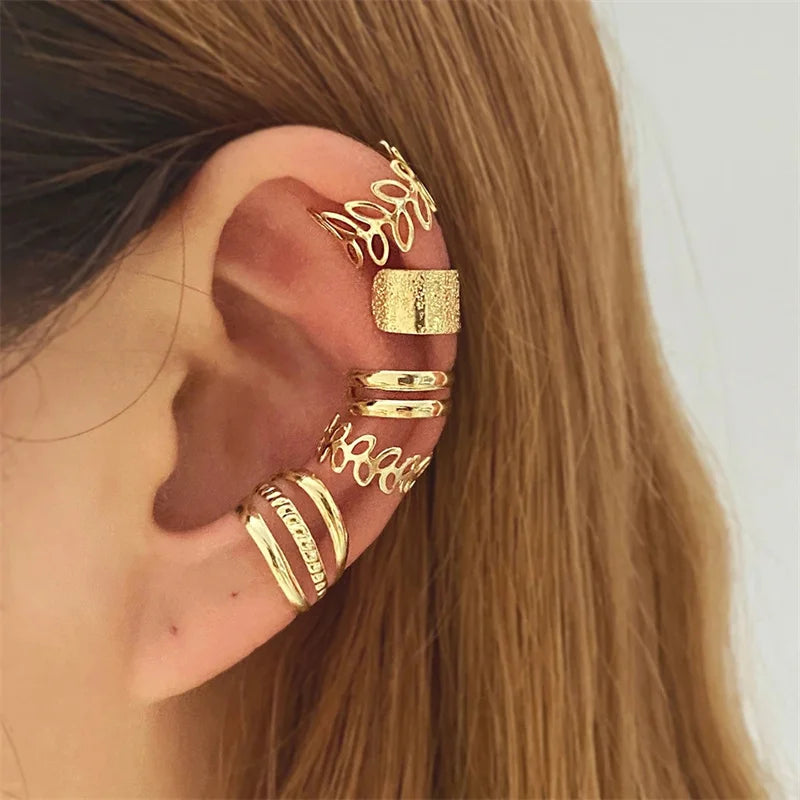 Ear Cuff Set: Elegant Gold and Silver Leaf Clip Earrings with Butterfly Design – Trendy Non-Piercing Jewelry for Modern Women