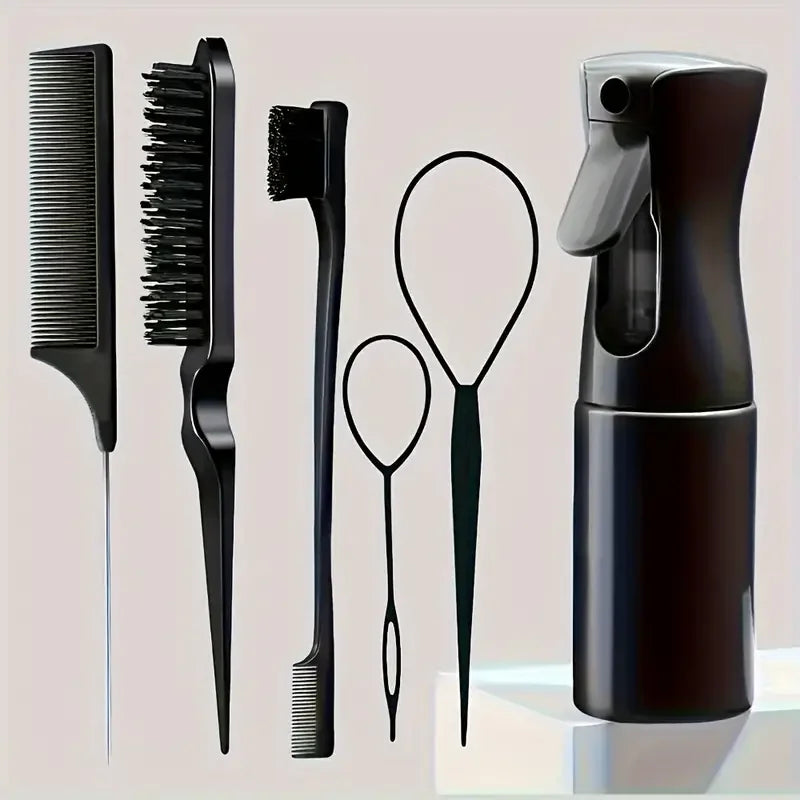 6PCS Professional Hair Styling Set – Brushes, Rat Tail Comb, Spray Bottle & Braiding Tools for Perfect Hair Control & Shine