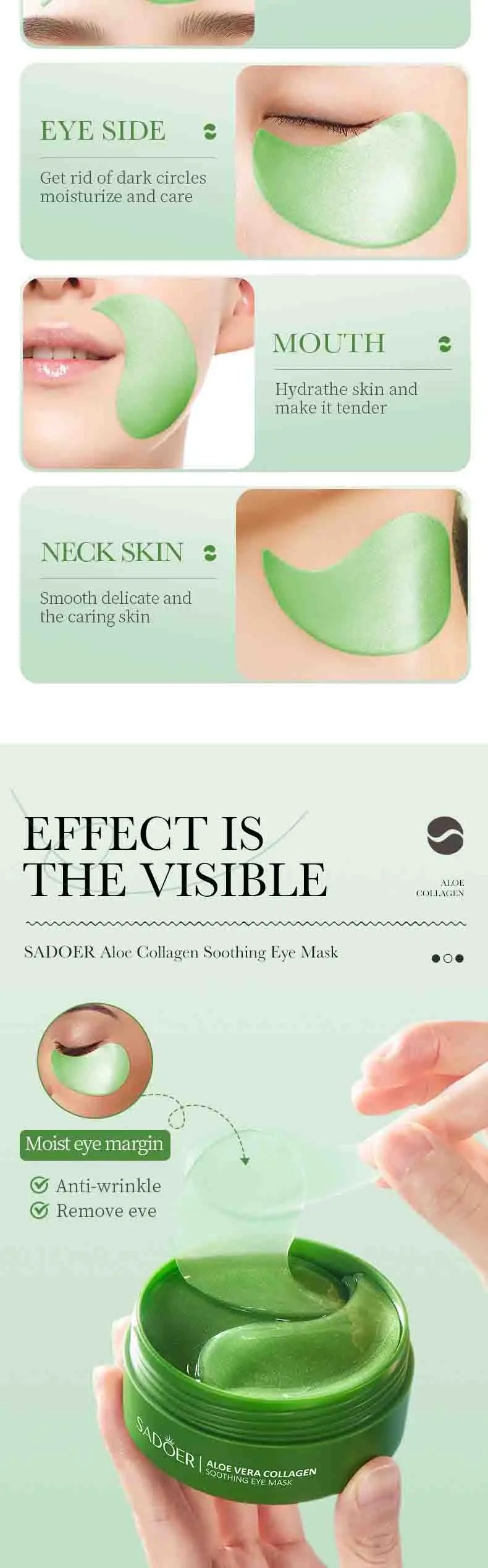 Mascarilla de colágeno y aloe vera para ojos: 60 parches para hidratación profunda, lifting y tratamiento de ojeras.